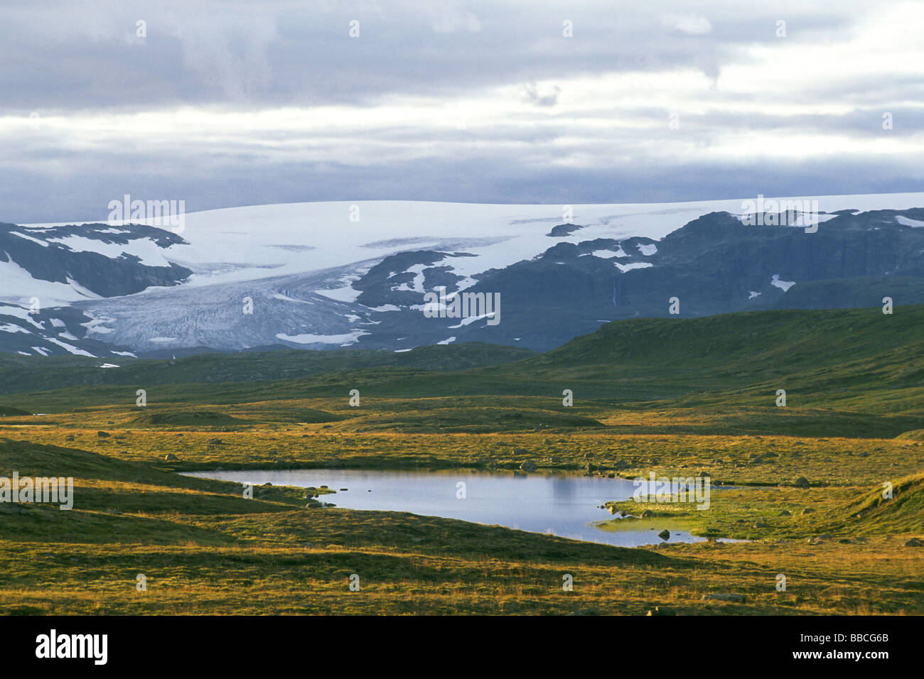 Mountains glacier and lake on Hardangervidda, Hordaland, Norway Stock Photo
