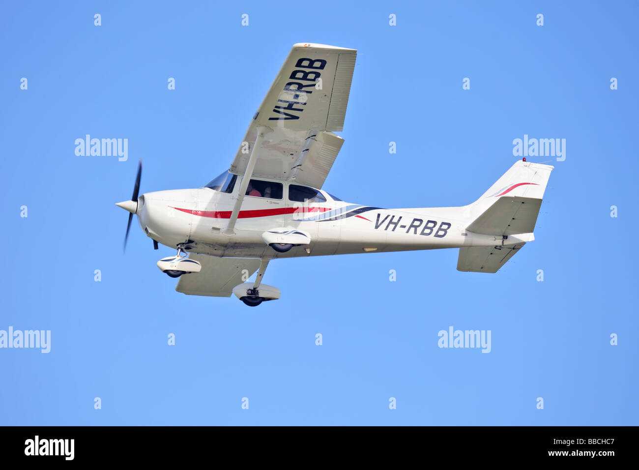 Single engine aircraft cesna landing in training flight Stock Photo