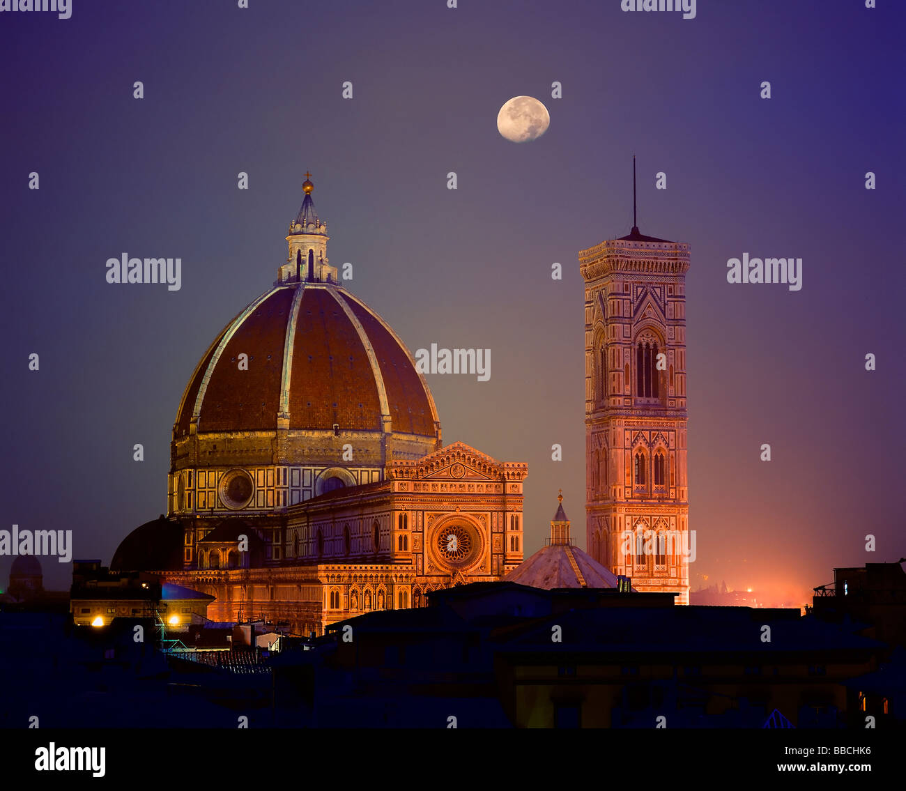 Moon over the Duomo and Campanile, Florence, Italy Stock Photo