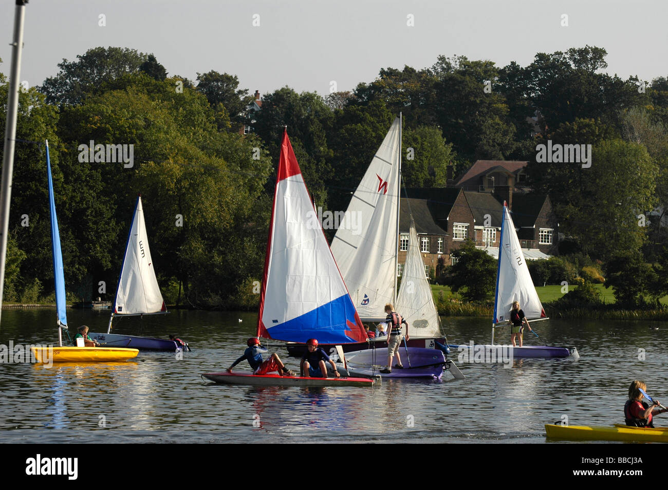 Families boating on the lake in Wimbledon Park Stock Photo