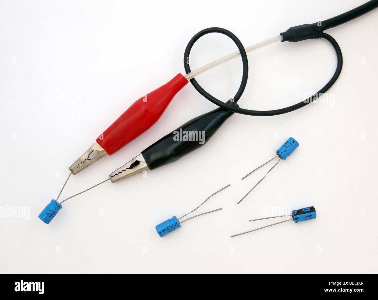 Electronic test leads and asorted capacitors as used in computers Stock