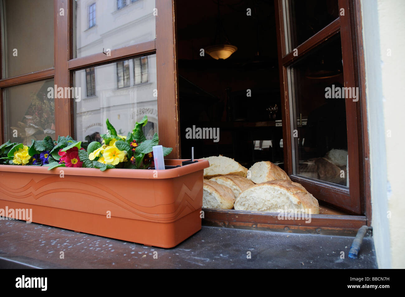 Bread cooling in  baker's window. Food and drink in Prague Capital of the Czech Republic Stock Photo