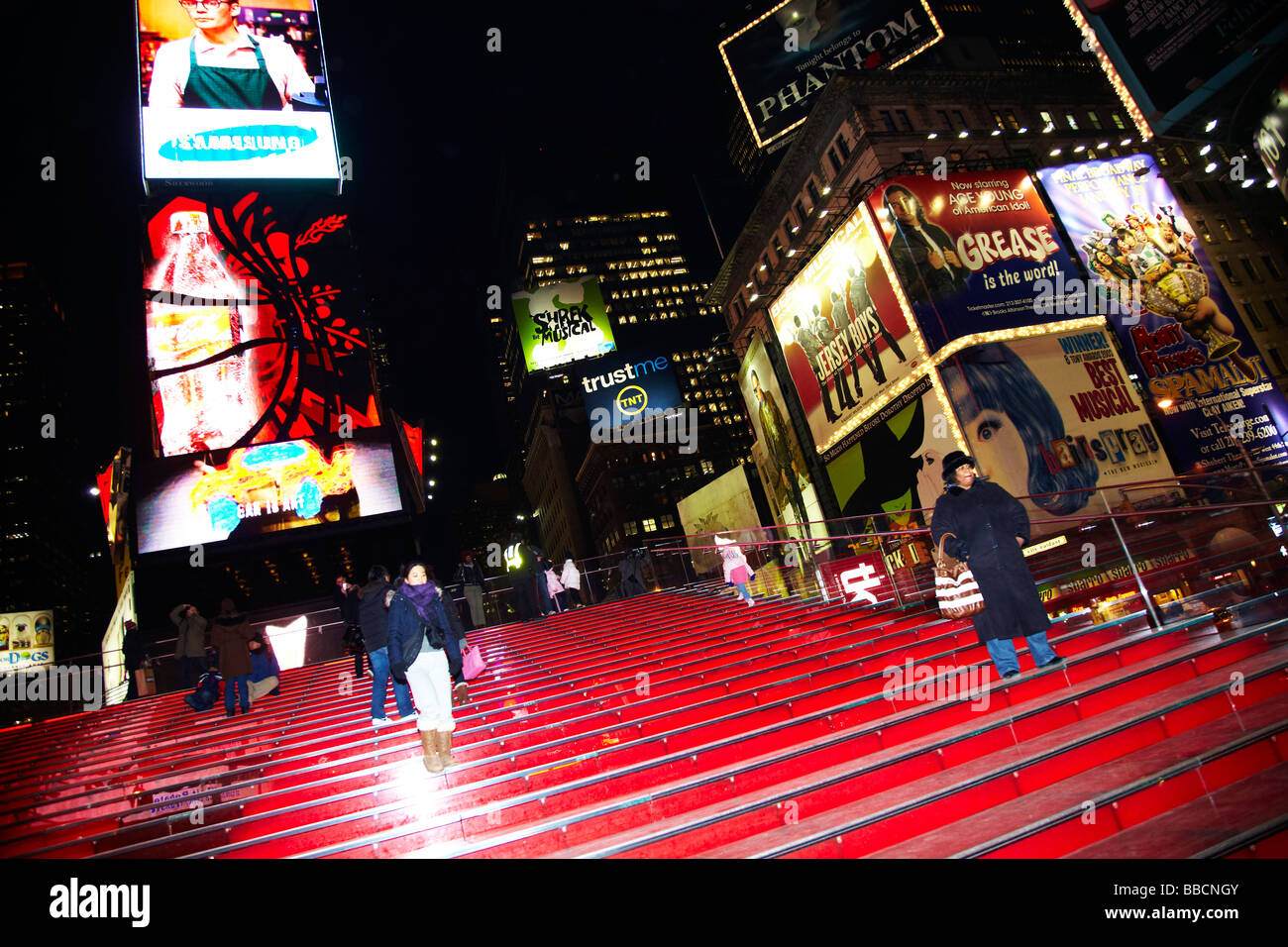 red steps at night, Times Square, New York Stock Photo