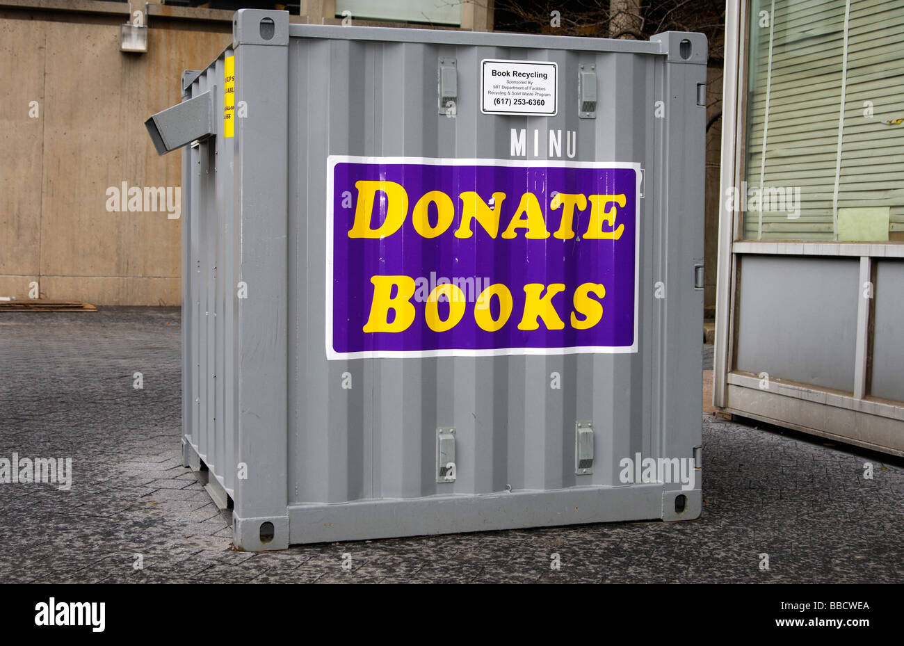 container for book donations on the campus of the Massachusetts