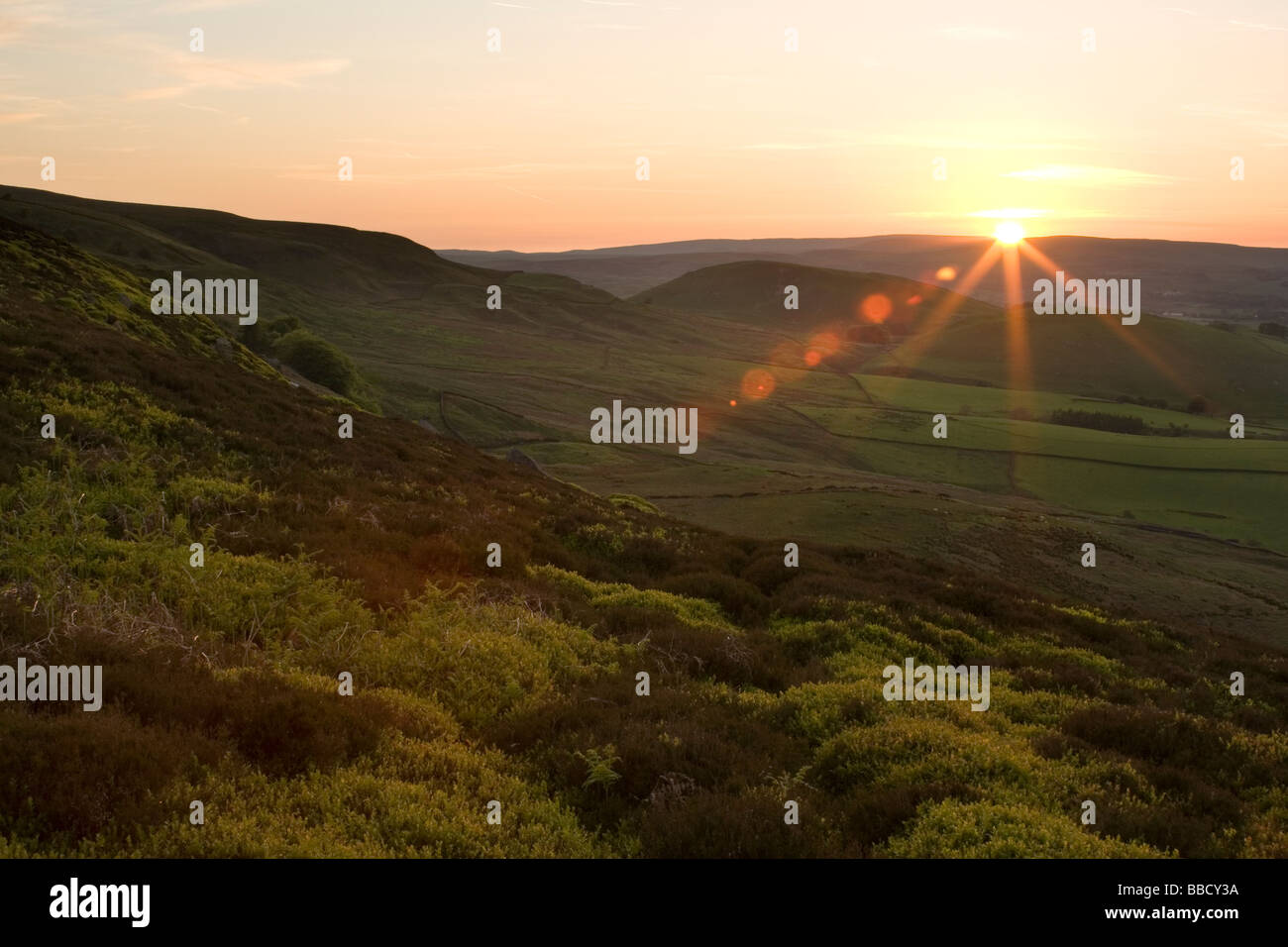 Sunset, looking up Upper Wharfedale, near Burnsall in the Yorkshire Dales Stock Photo