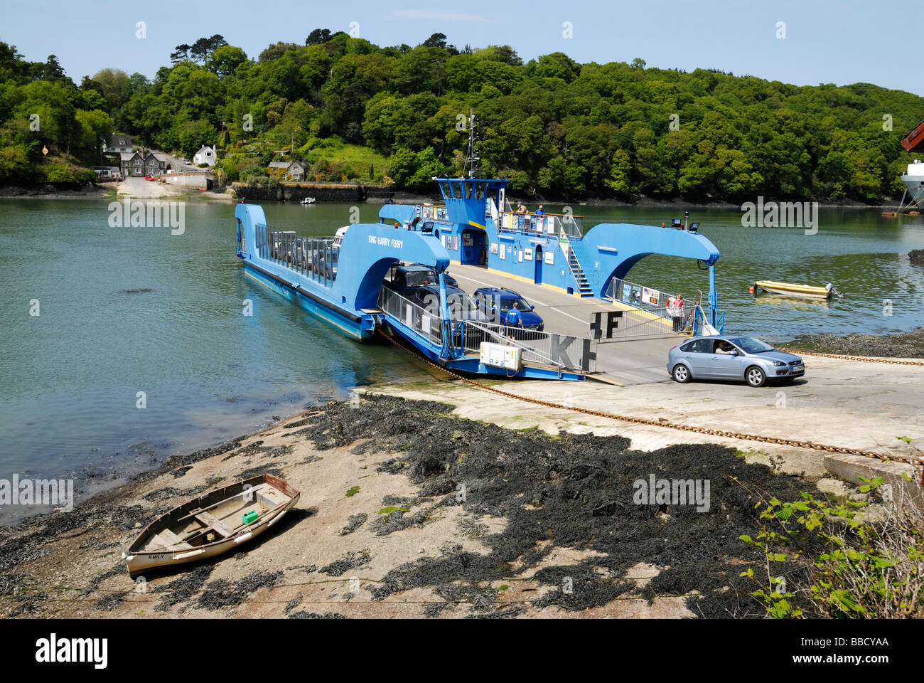 Cars leaving the King Harry Ferry, River Fal, Cornwall, UK Stock Photo