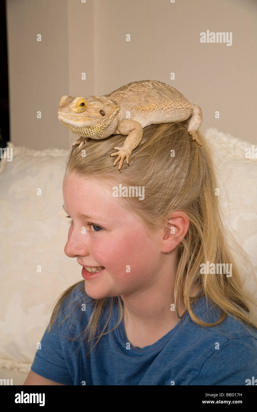 Portrait Young girl 9-10 year olds bearded dragon color blending deception trick nature natural hiding concealing protection head matching concealment Stock Photo