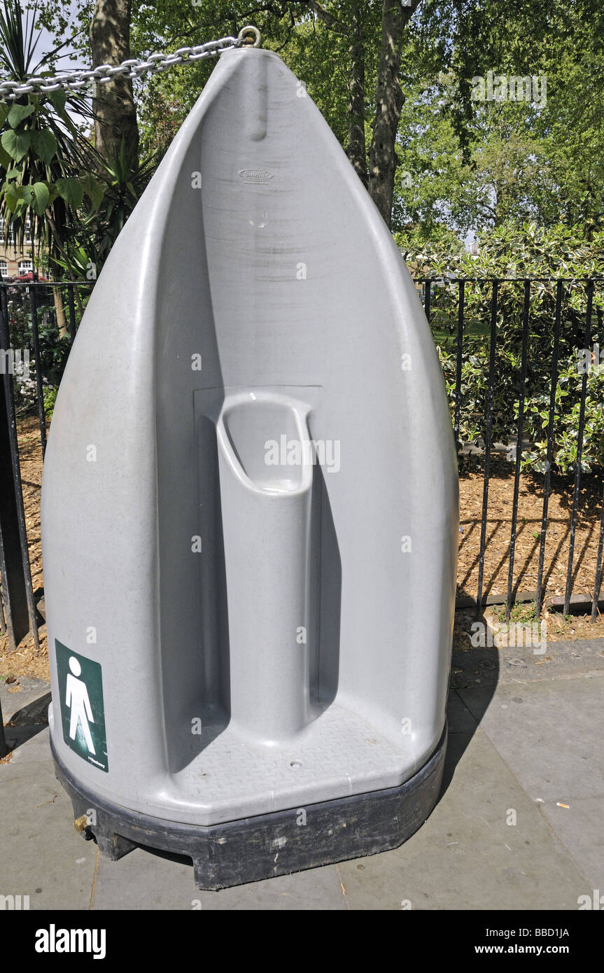 Portable urinal chained to post Hoxton Square Hackney London England UK