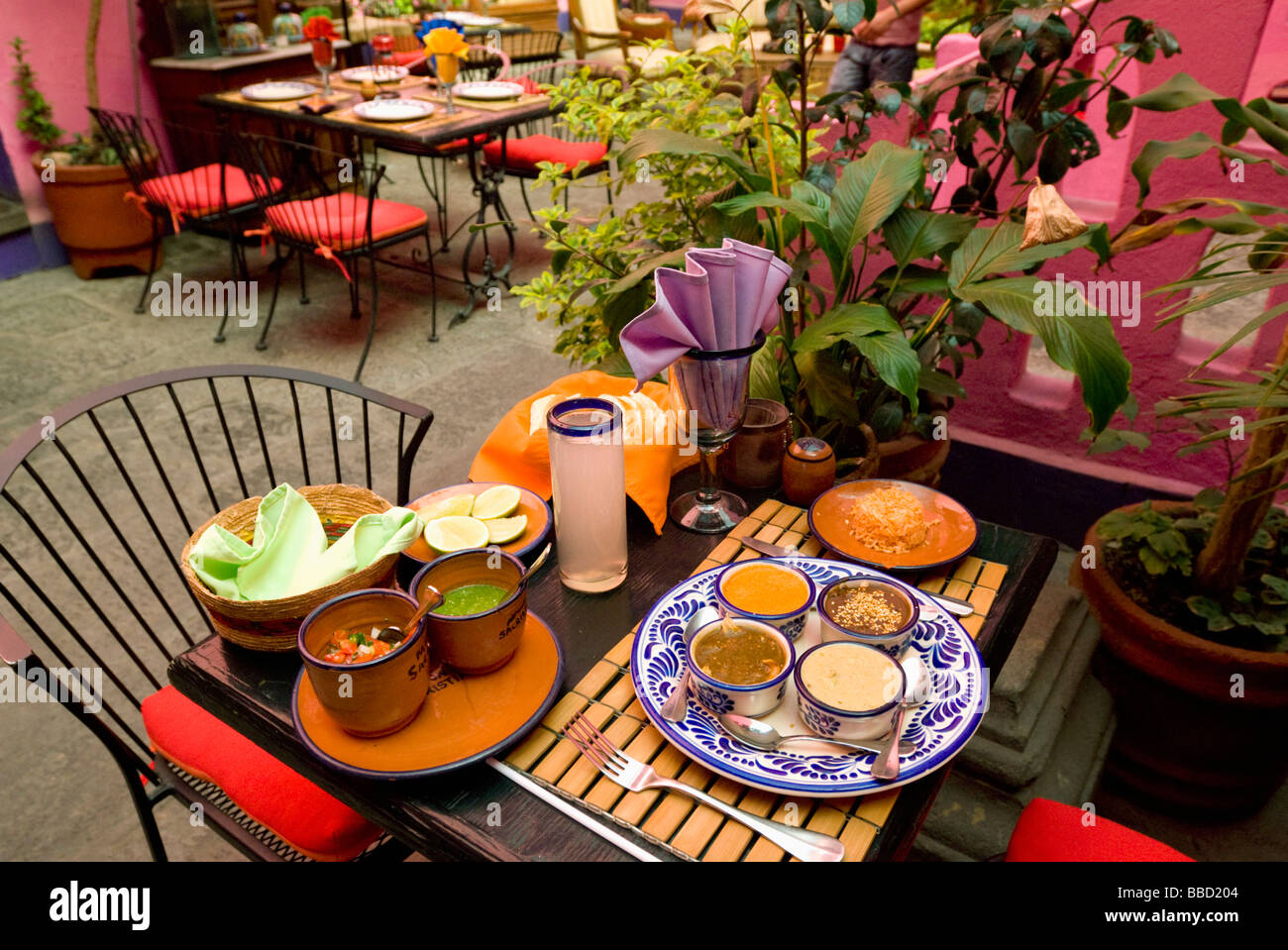 Mole sampler and salsas at famous Meson Sacristia de la Compania Restaurant in Puebla, Mexico. Stock Photo