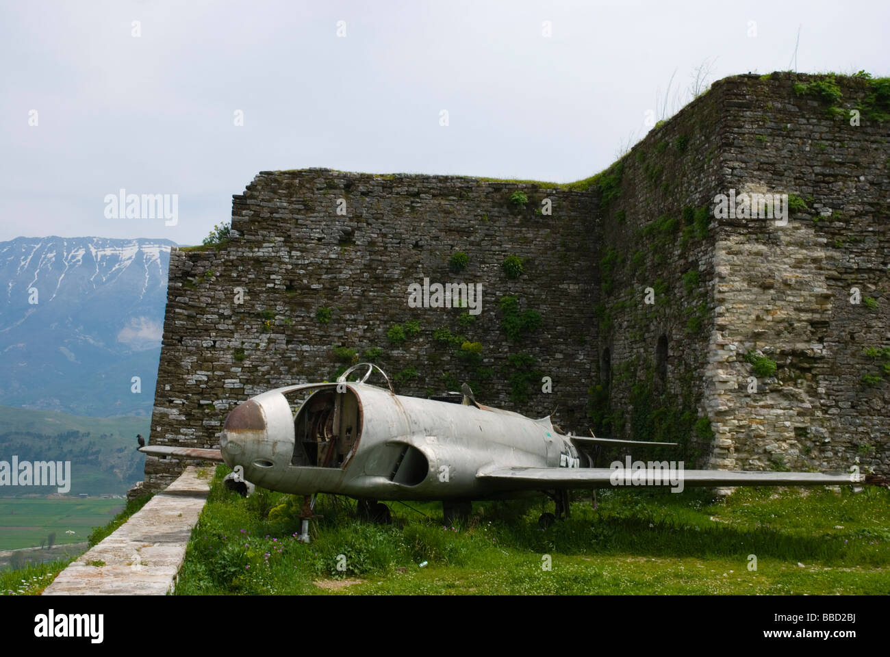 American fighter aircraft that was shot down in 1961 during cold war at castle in Gjirokastra Southern Albania Europe Stock Photo