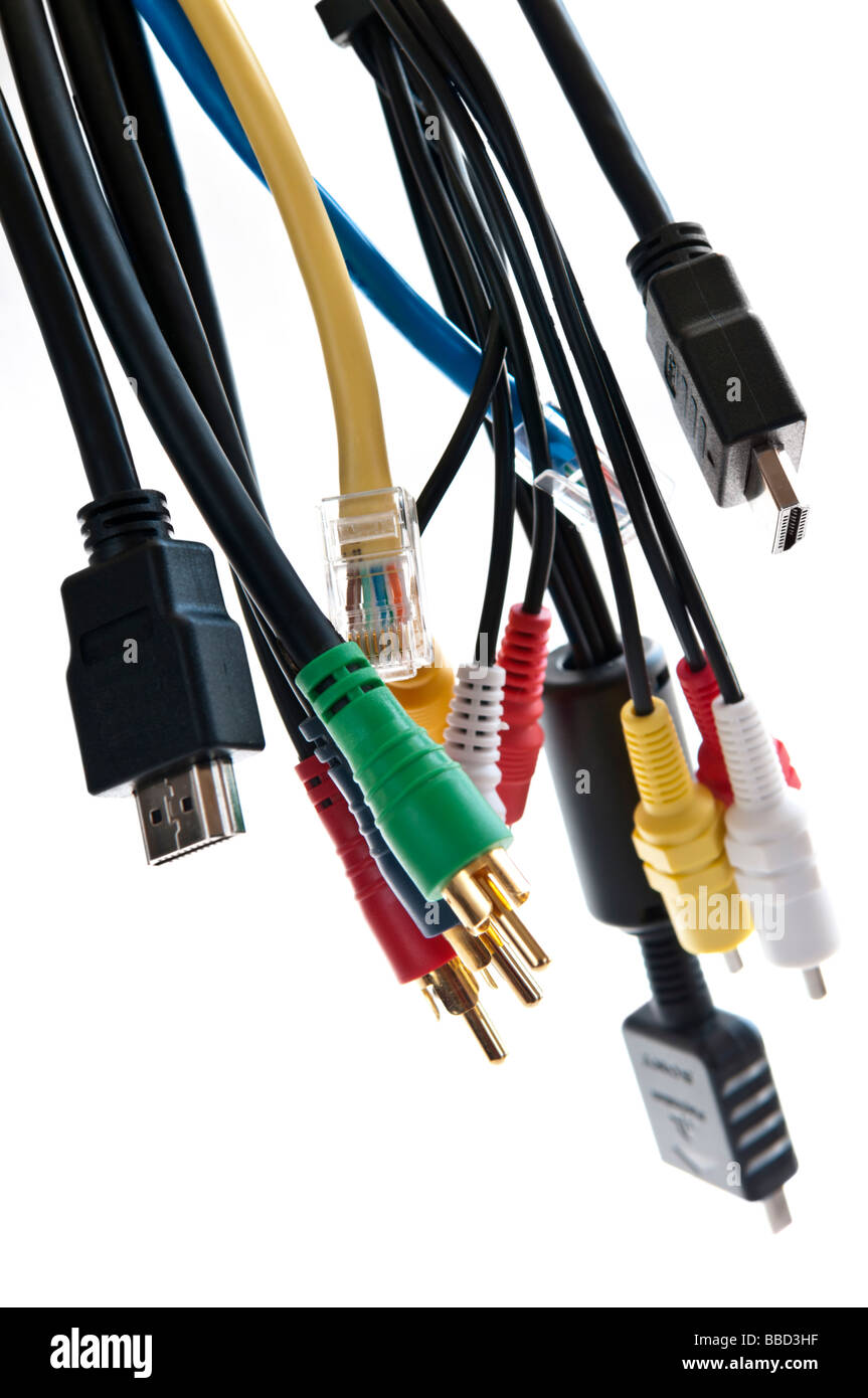 Wires and connectors for computer audio video Stock Photo Alamy