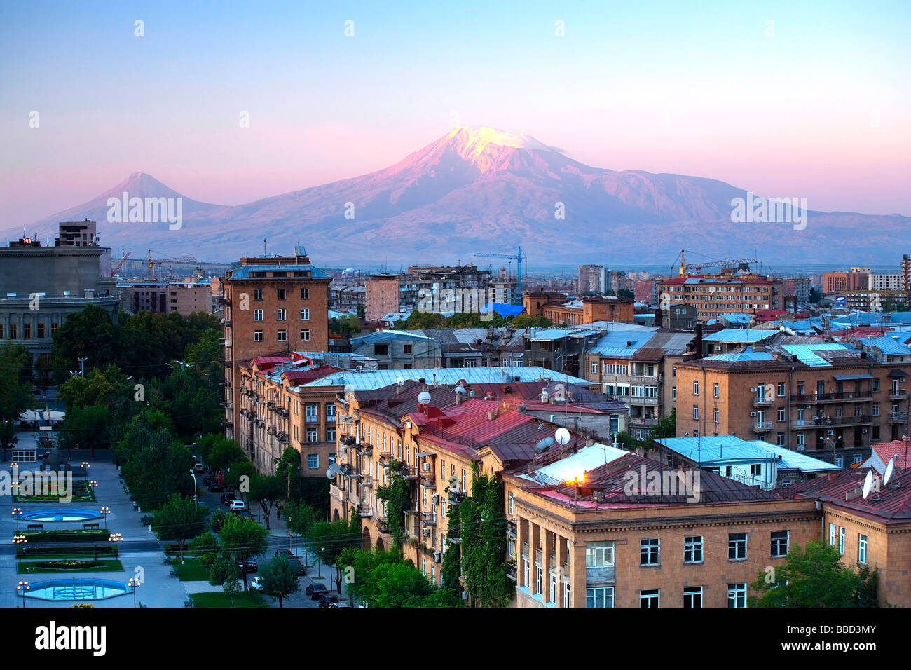 City of Yerevan and Ararat Mountains taken from Cascad Stock Photo