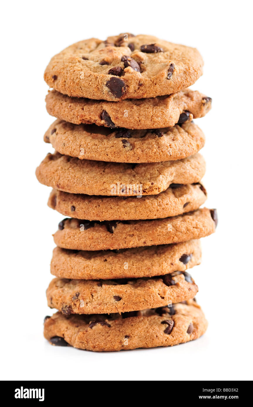 Tall stack of chocolate chip cookies isolated on white background Stock Photo