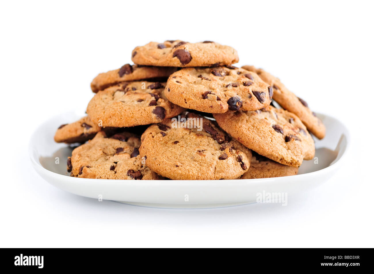 Plate of chocolate chip cookies isolated on white background Stock Photo