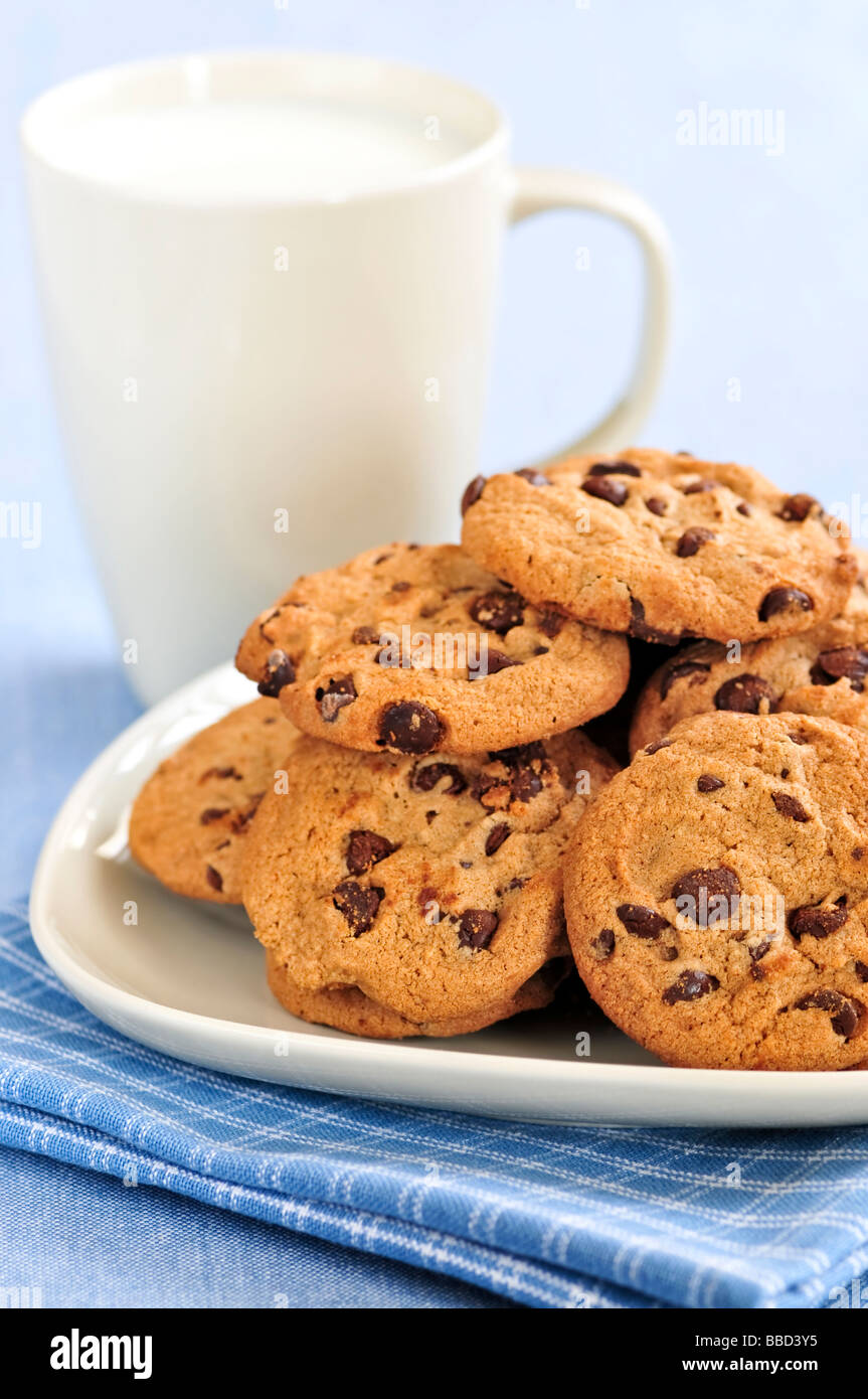 Plate of chocolate chip cookies with milk Stock Photo