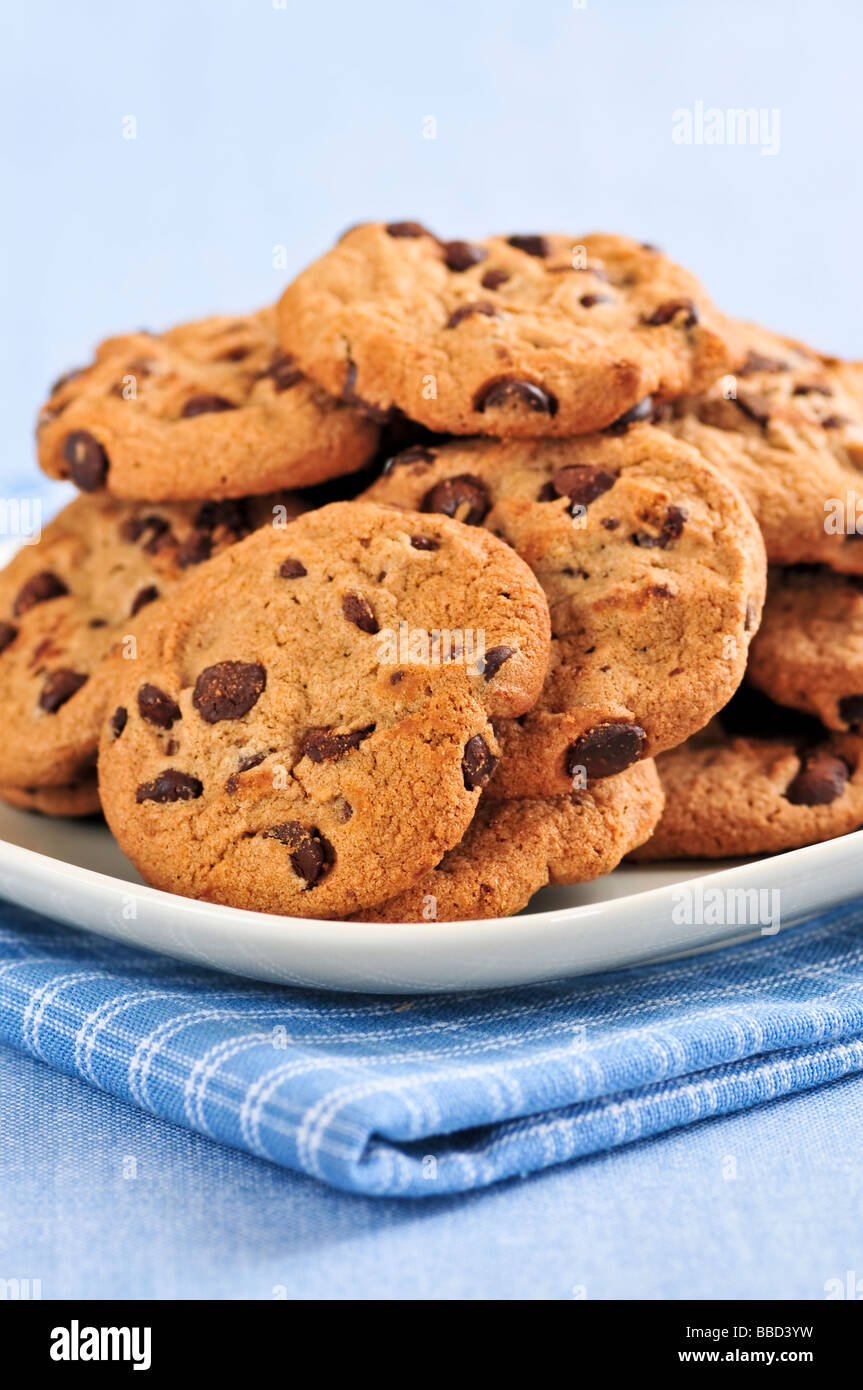 Plate with big pile of chocolate chip cookies Stock Photo