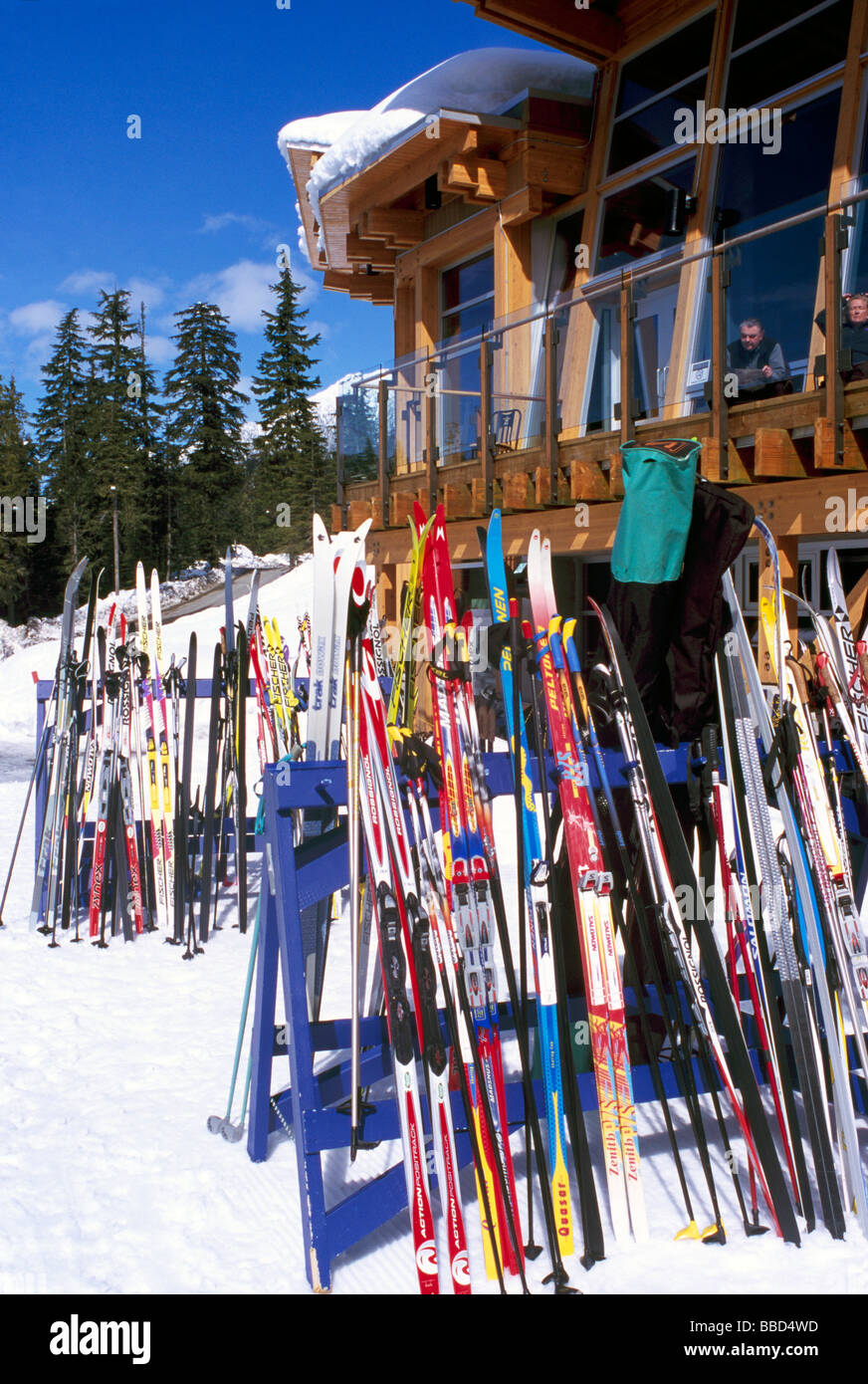 Skis at Nordic Center / Centre Day Lodge at Whistler Olympic Park - Site of Vancouver 2010 Winter Games British Columbia Canada Stock Photo