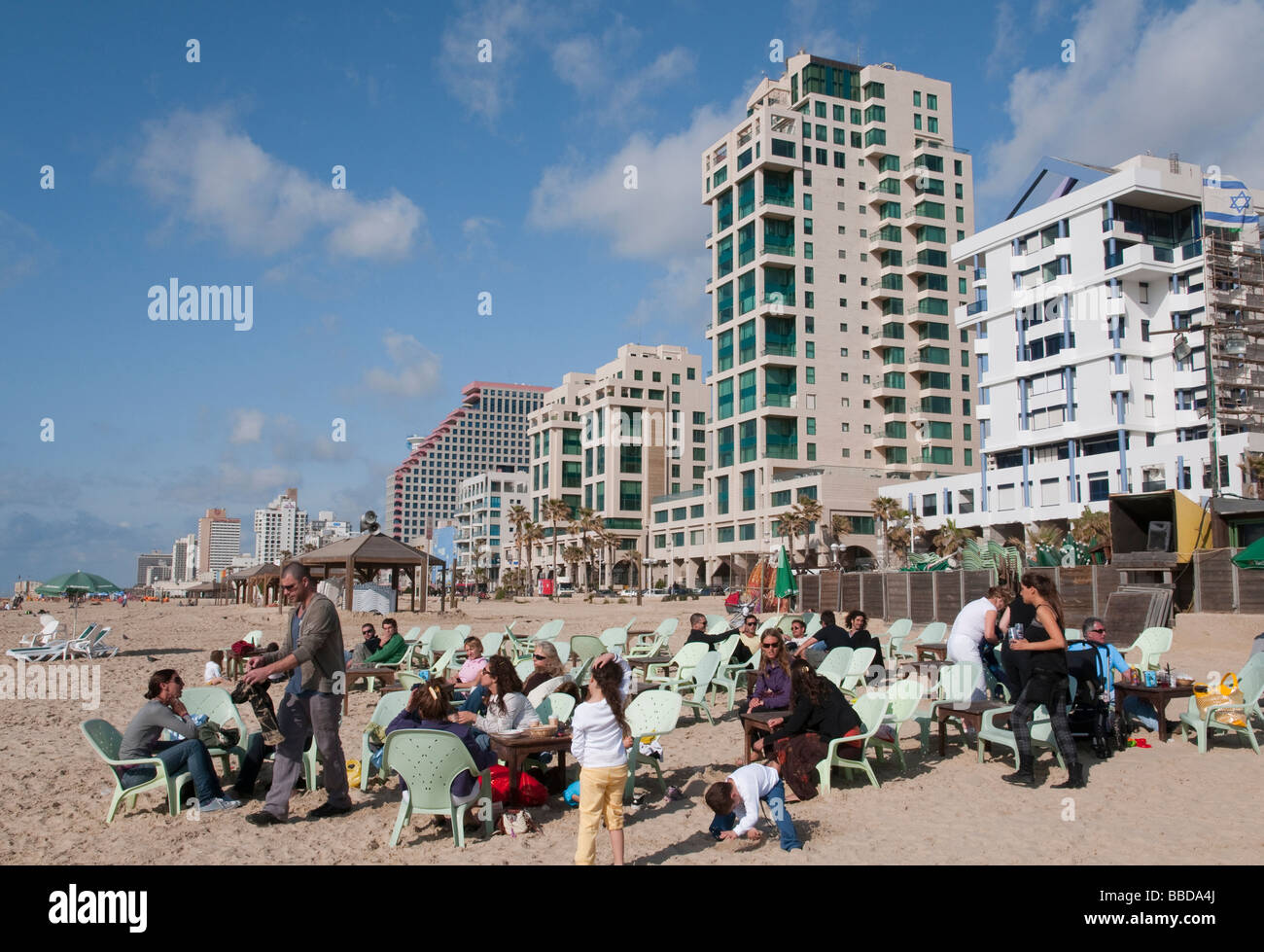 Israel Tel Aviv Jerusalem beach view of the beach with sea front buildiings in bkgd Stock Photo