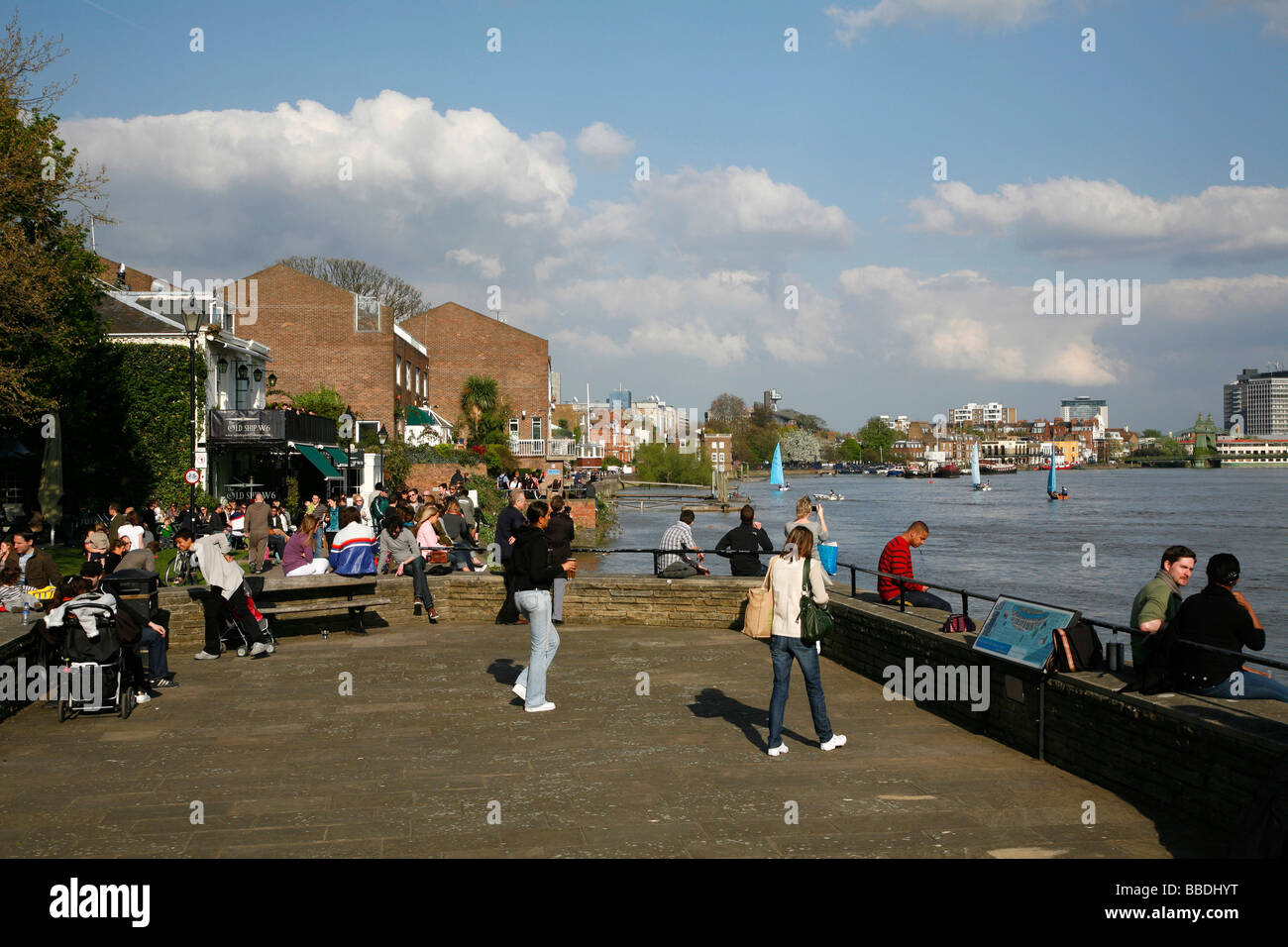 Old Ship pub on the Thames Path beside the River Thames at Hammersmith, London, UK Stock Photo