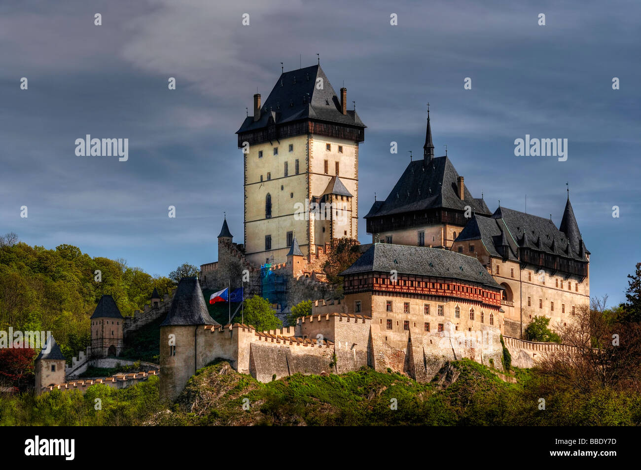 Karlstejn Castle is a large Gothic castle founded 1348 by Charles IV. Holy Roman Emperor elect and King of Bohemia Stock Photo
