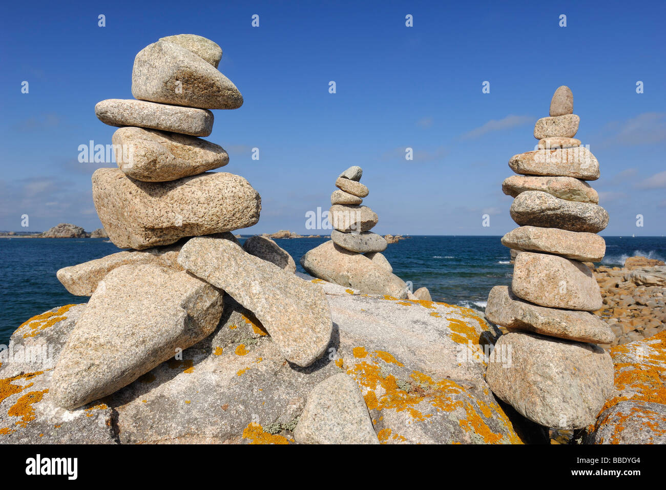 Stone Towers on Coast, Plougrescant, Cote de Granit Rose, Brittany, France Stock Photo