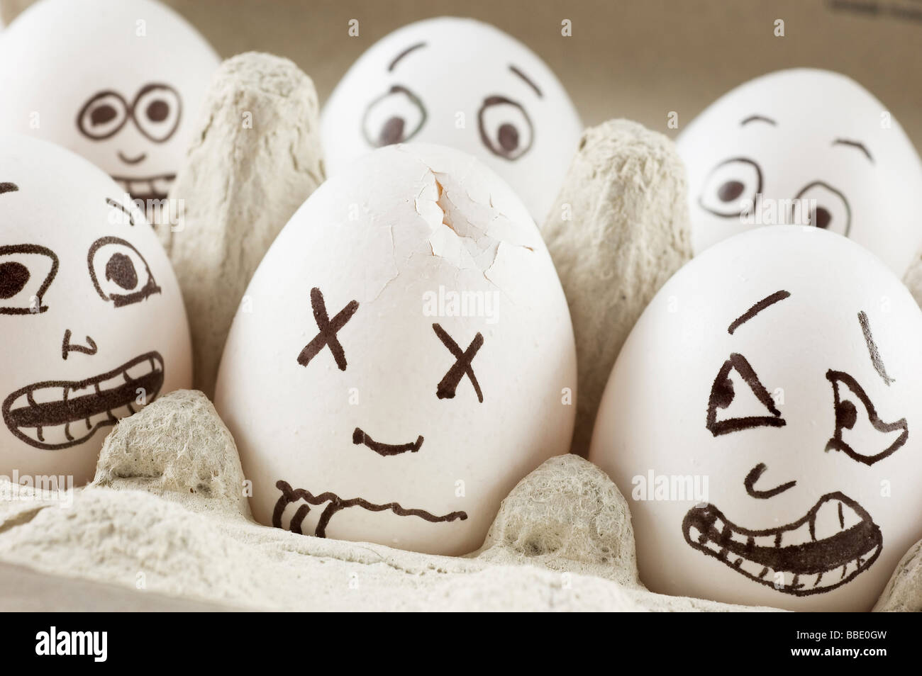 Eggs are scared of their dead friend Stock Photo