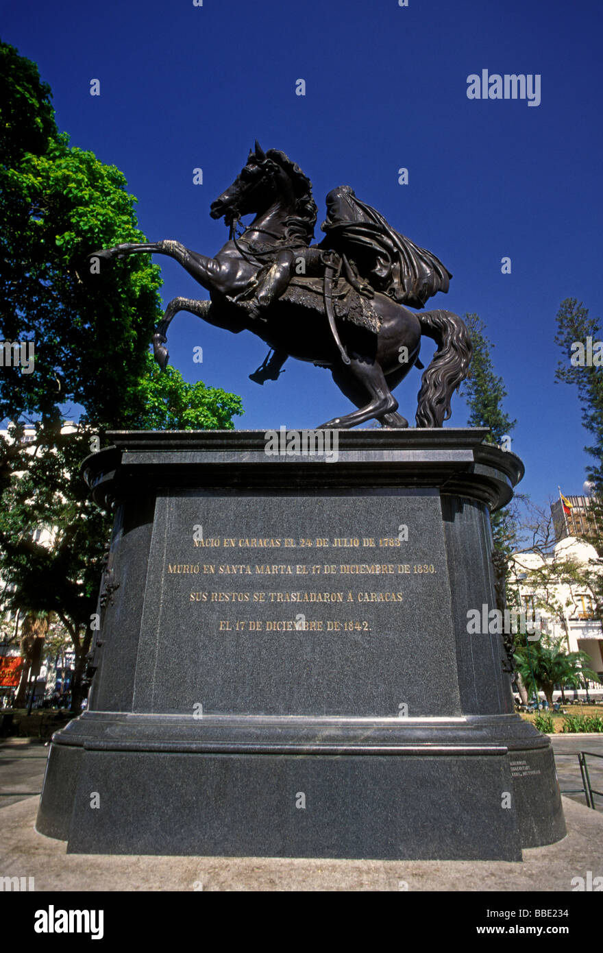equestrian statue, statue of Simon Bolivar, Simon Bolivar, Plaza Bolivar, city of Caracas, Venezuela Stock Photo