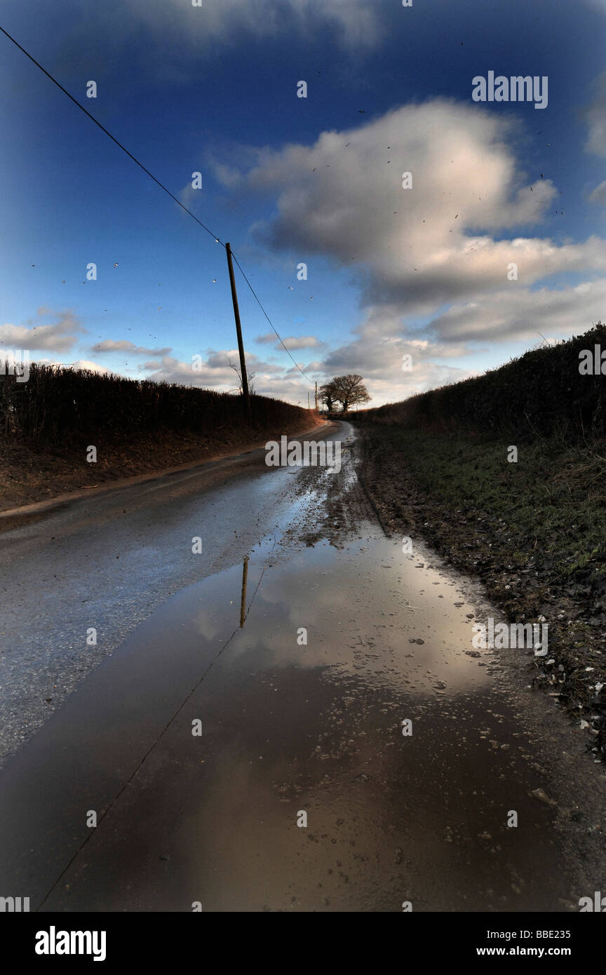 puddle on rural country road at Ellingham Norfolk England Stock Photo