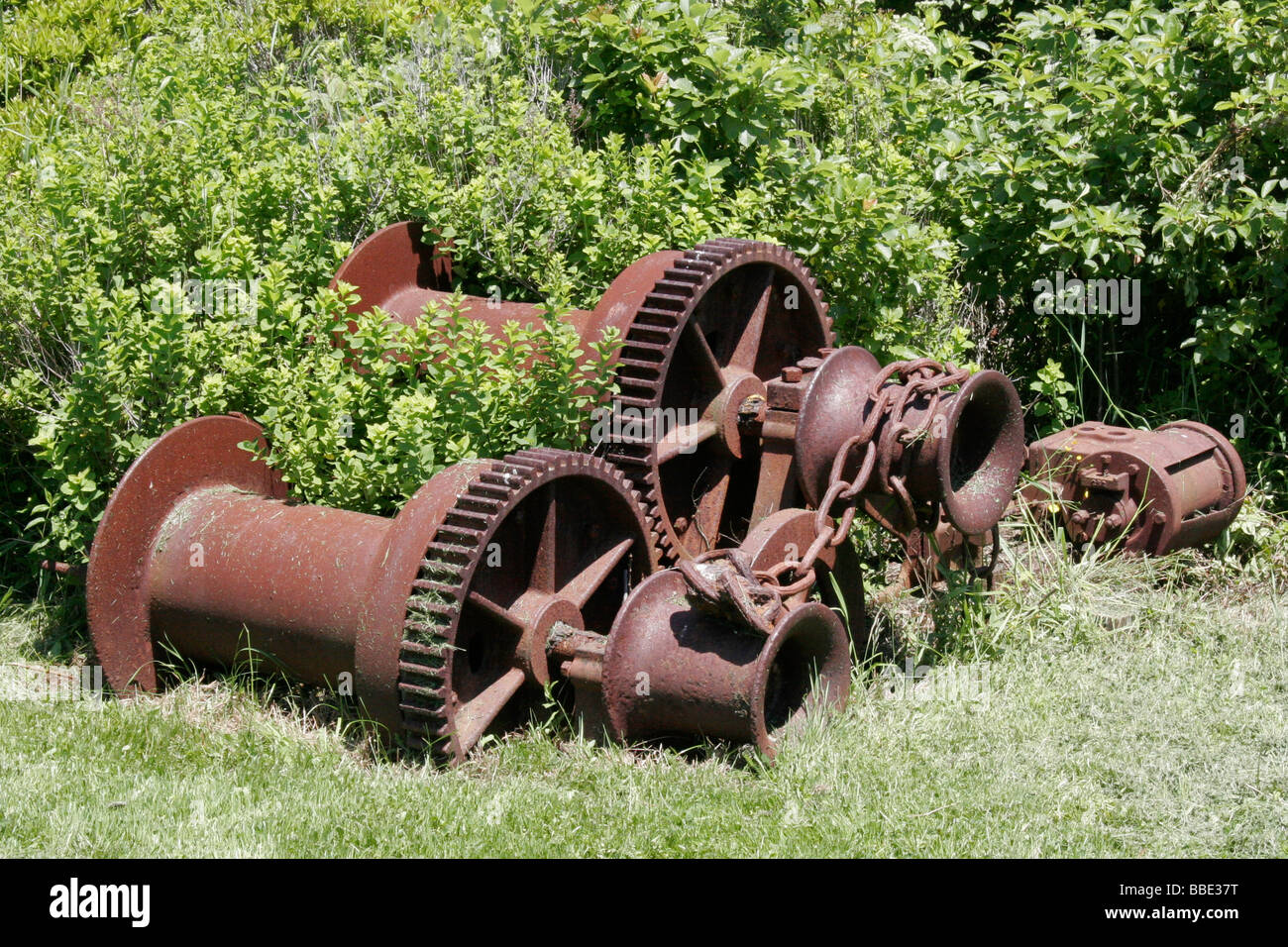 Winching gear for the trestle and boat hauling on Seguin Island Stock Photo