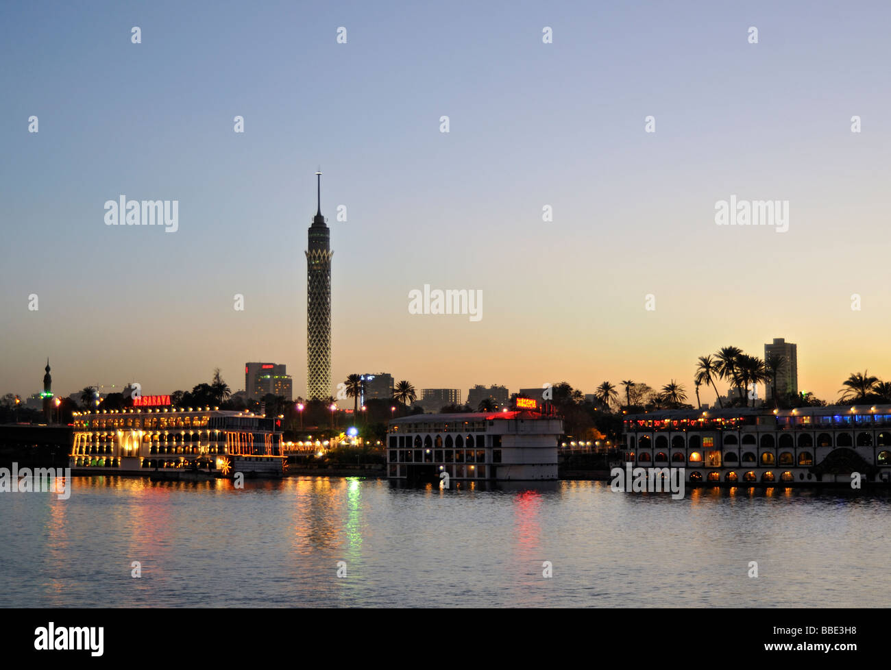Gezira Island with El Borg Tower by Night Nile Waterfront Cairo Egypt Stock Photo
