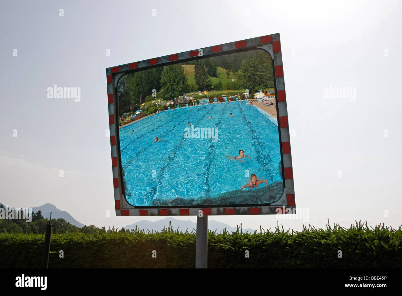 Alpine thermal swimming pool, Benediktbeuern, Bavaria, Germany, Europe Stock Photo