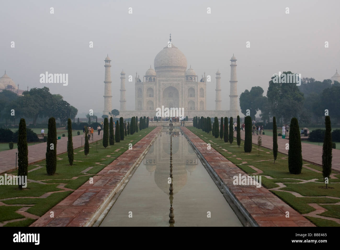 View of Taj Mahal showing water fountains and walkways, Agra, India