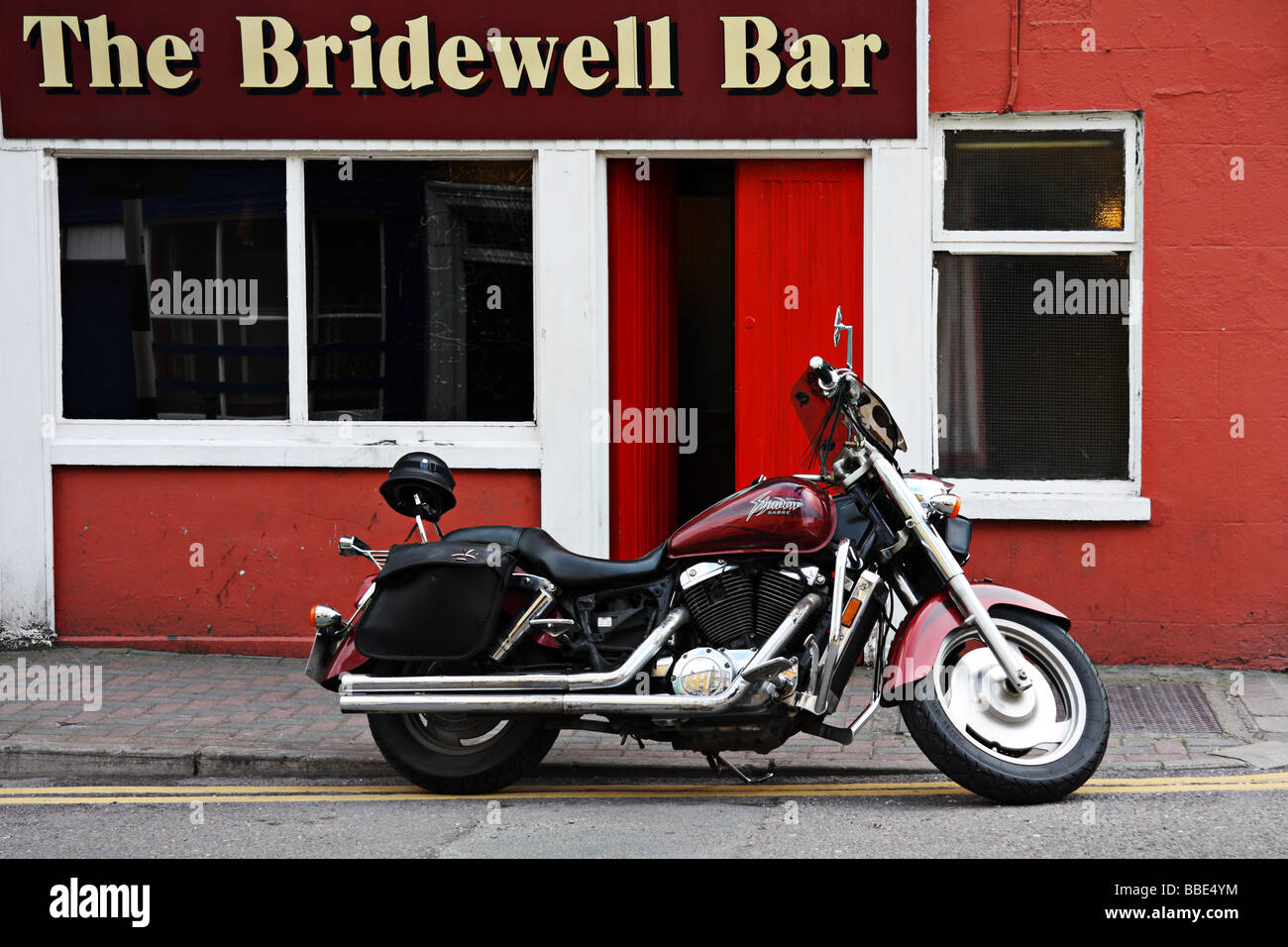 Honda Shadow Sabre Motorbike parked outside Bridewell Bar Bandon Cork Ireland Stock Photo