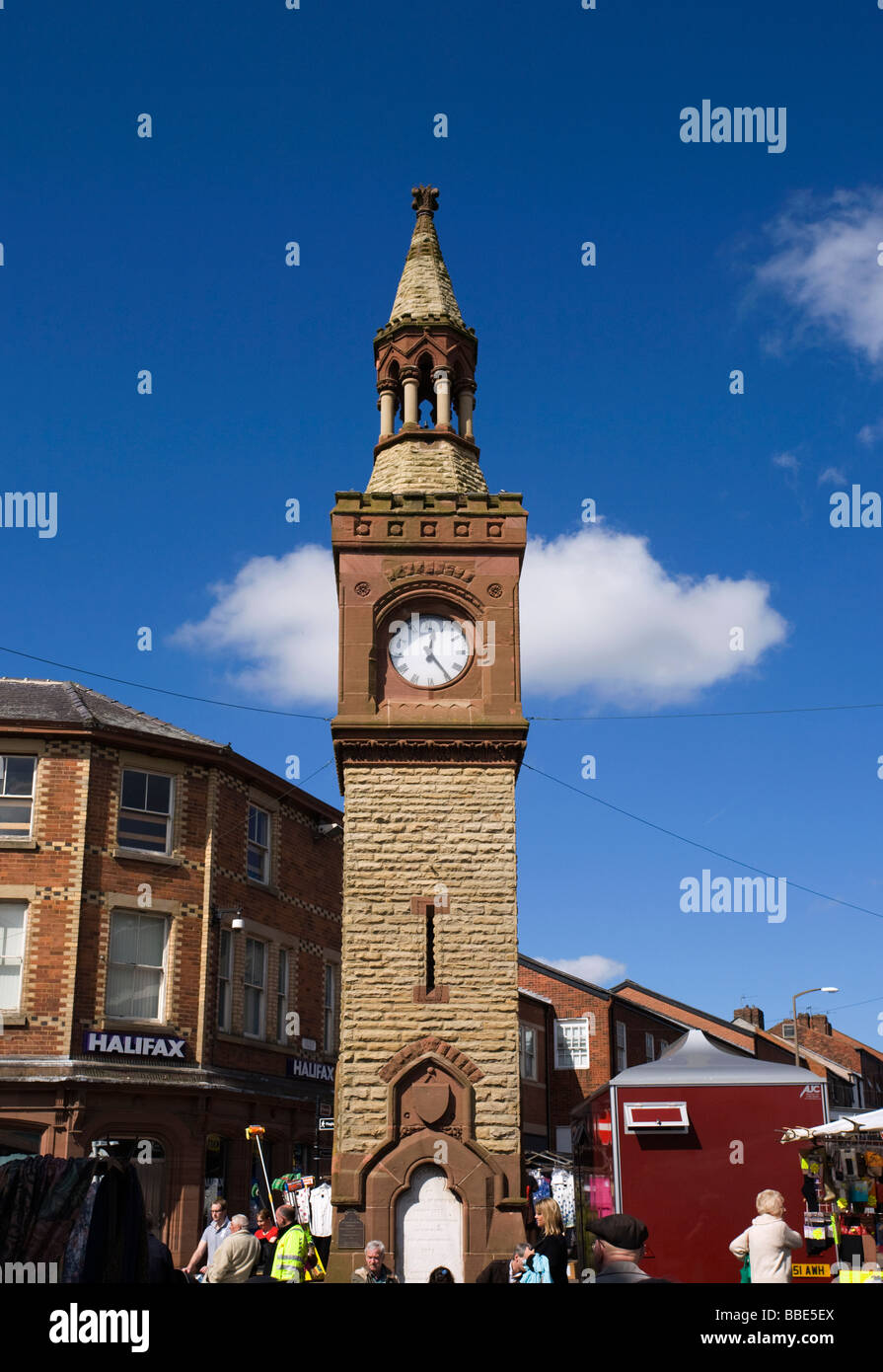 Clock tower in Ormskirk town centre on market day Stock Photo Alamy