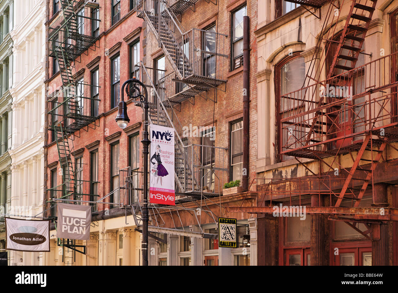Historic buildings on Greene Street in the SoHo Cast Iron Historic District in New York. Stock Photo
