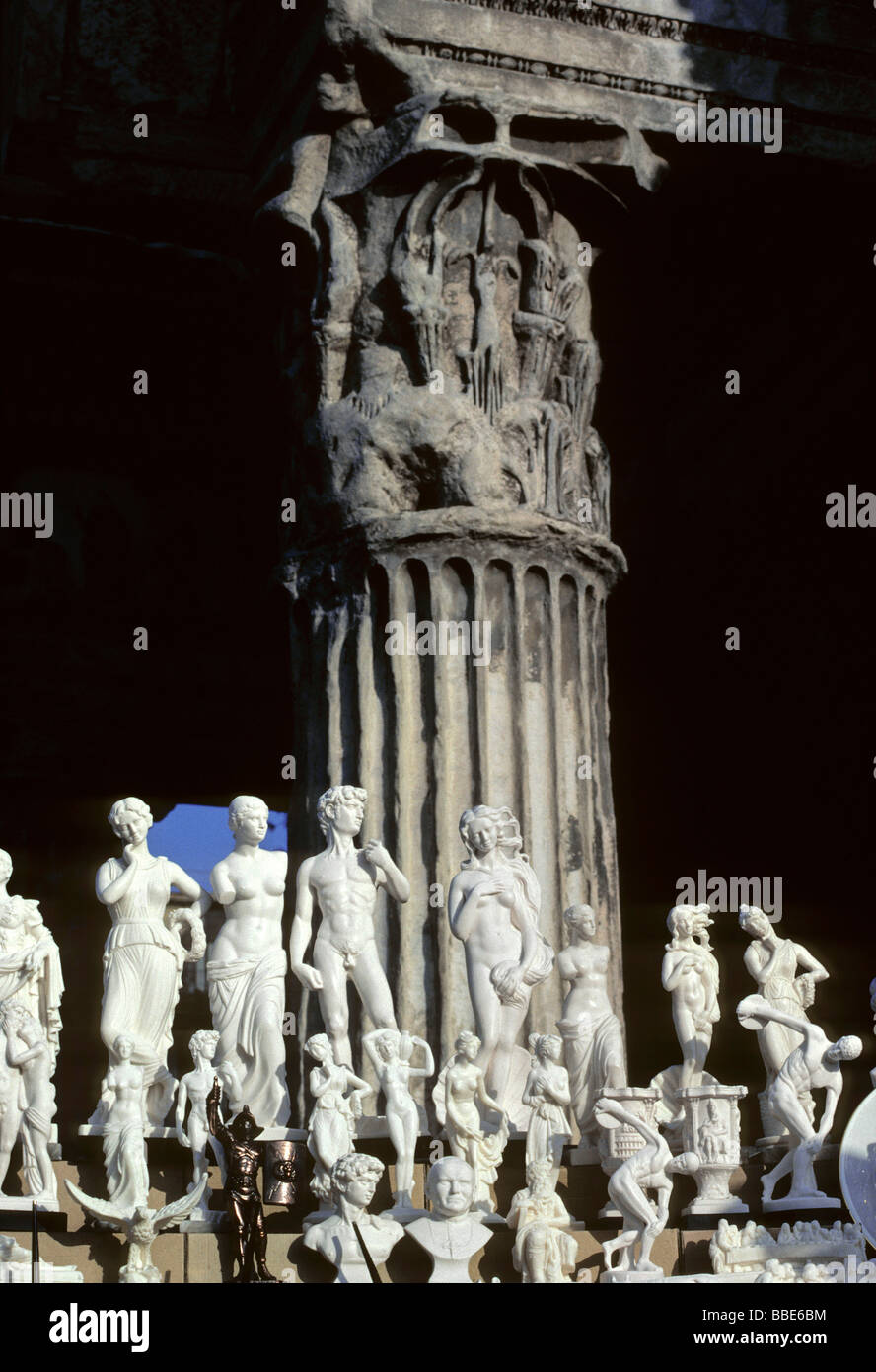 Plastic souvenirs, Corinthian column capital at the column portico, Forum Transitorium, Via dei Fori Imperiali, Rome, Lazio, It Stock Photo