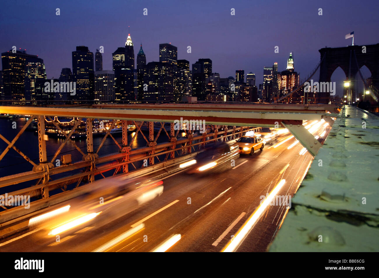 Brooklyn Bridge at night, Lower Manhattan, New York City, USA, United States of America Stock Photo