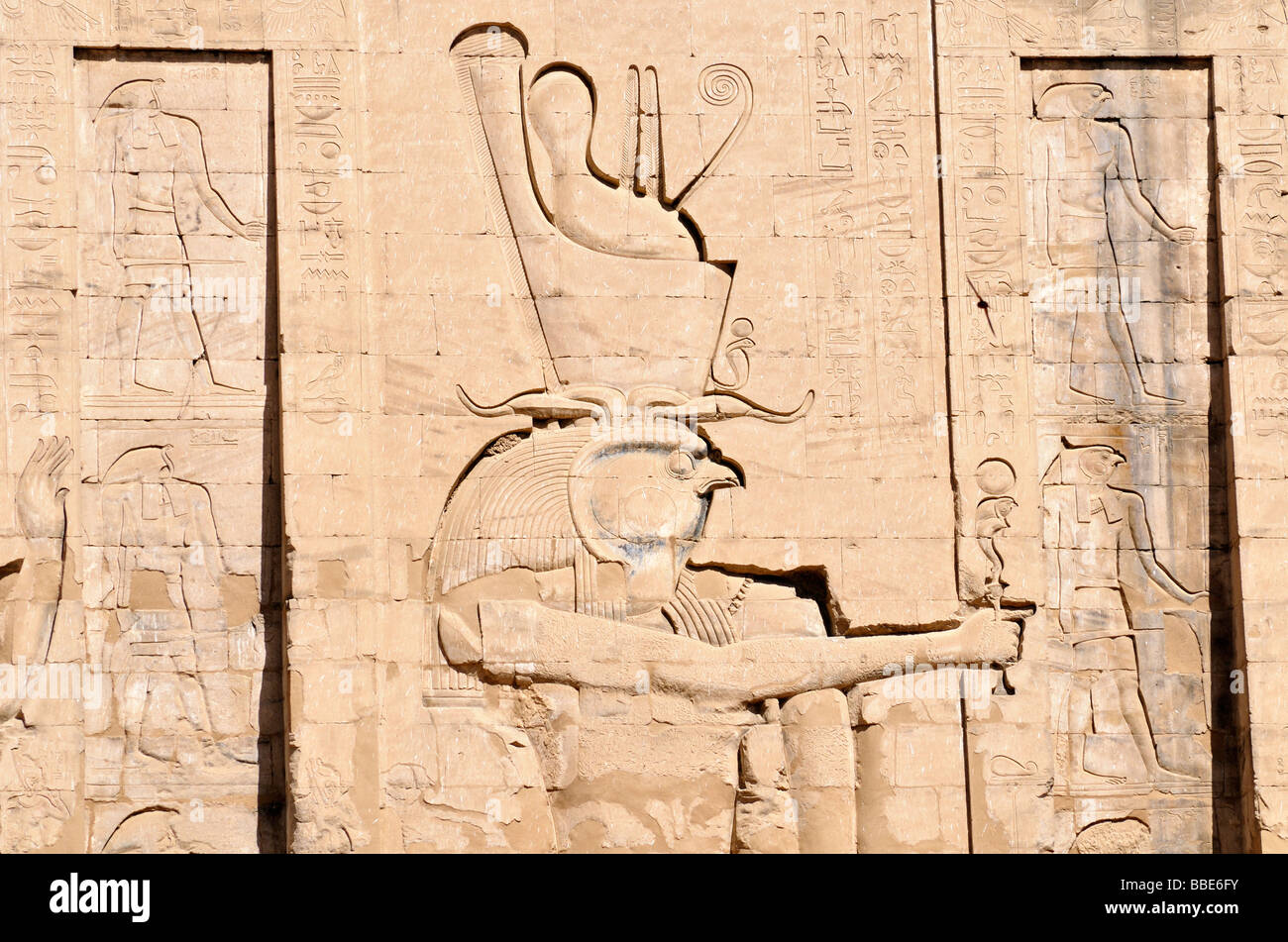 Relief of Falcon God Horus on First Pylon of Ptolemaic Cult Temple of Edfu Egypt Stock Photo