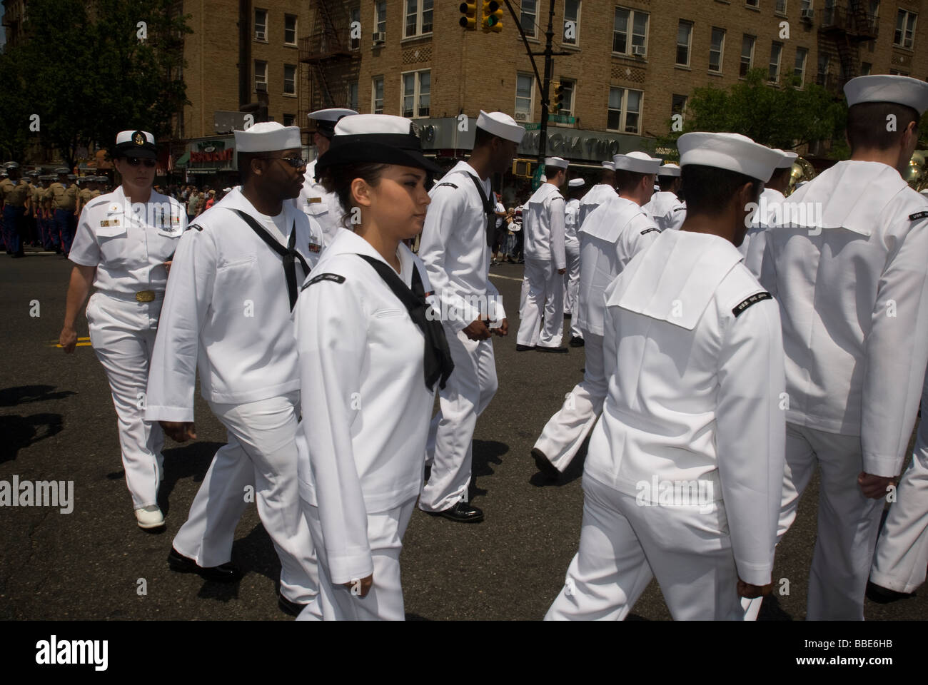 The oldest running Memorial Day Parade in New York marches through the upper Manhattan neighborhood of Inwood Stock Photo