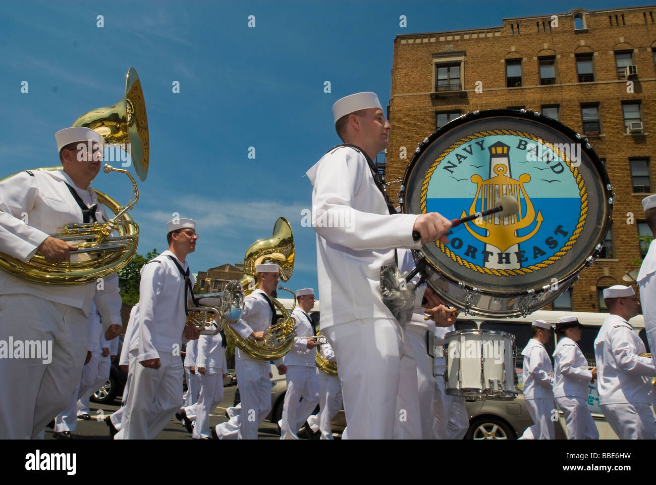 The Navy Band Northeast performs in the oldest running Memorial Day Parade in New York in the Inwood neighborhood Stock Photo