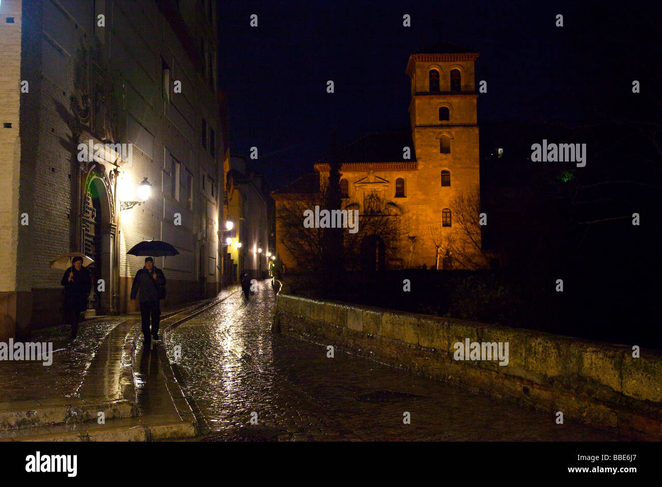 Church of Santa Ana on a Rainy Night in Granada Spain Stock Photo