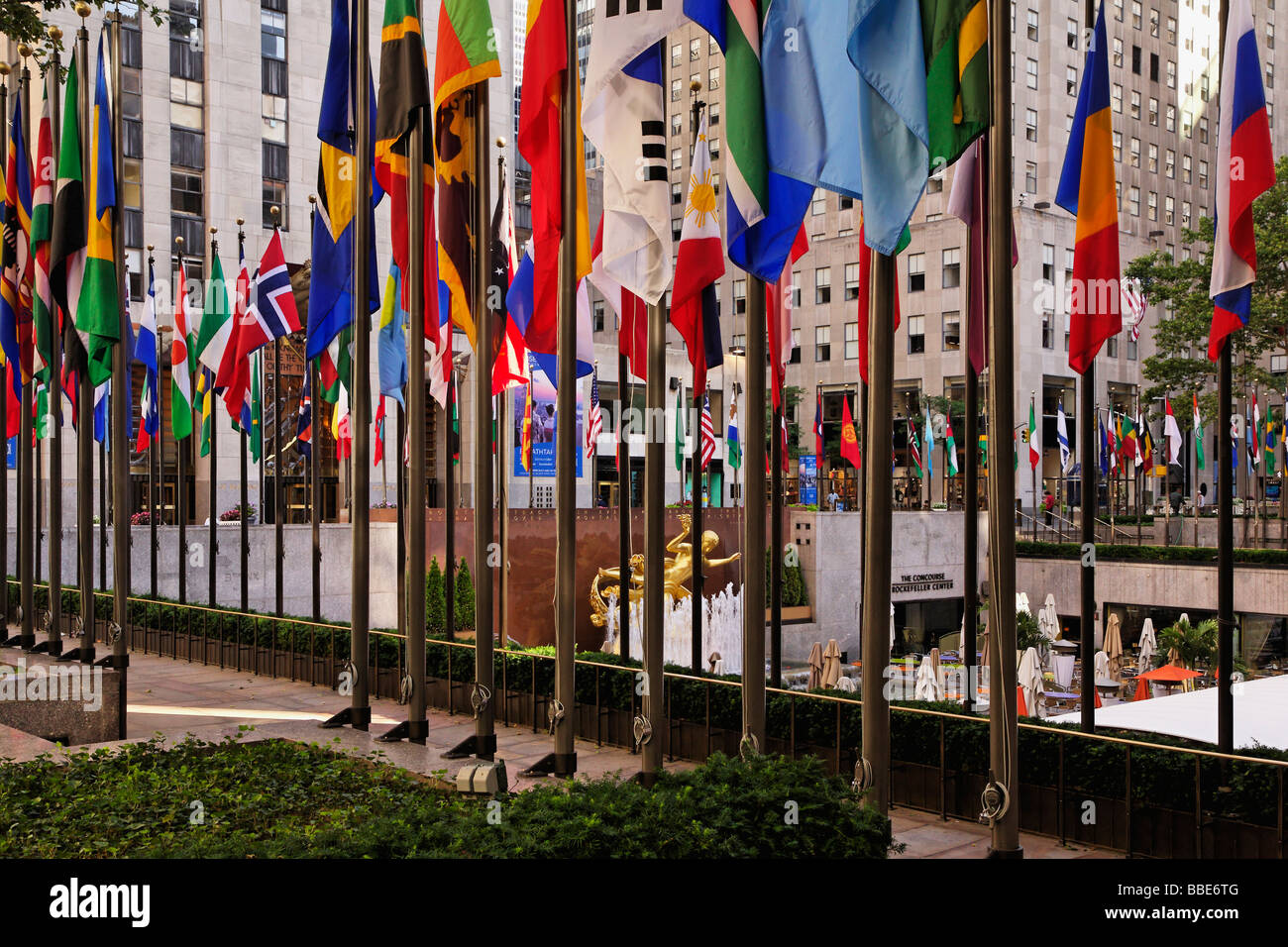 Rockefeller Plaza surrounded by 200 flagpoles representing countries of the United Nations Stock Photo