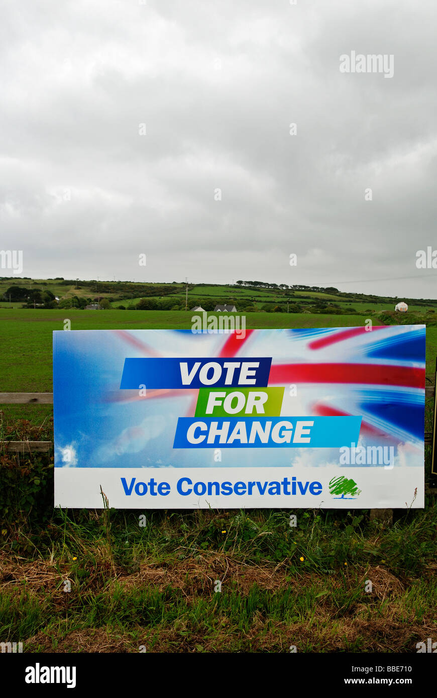 a conservative party advertising poster in rural cornwall,uk Stock Photo