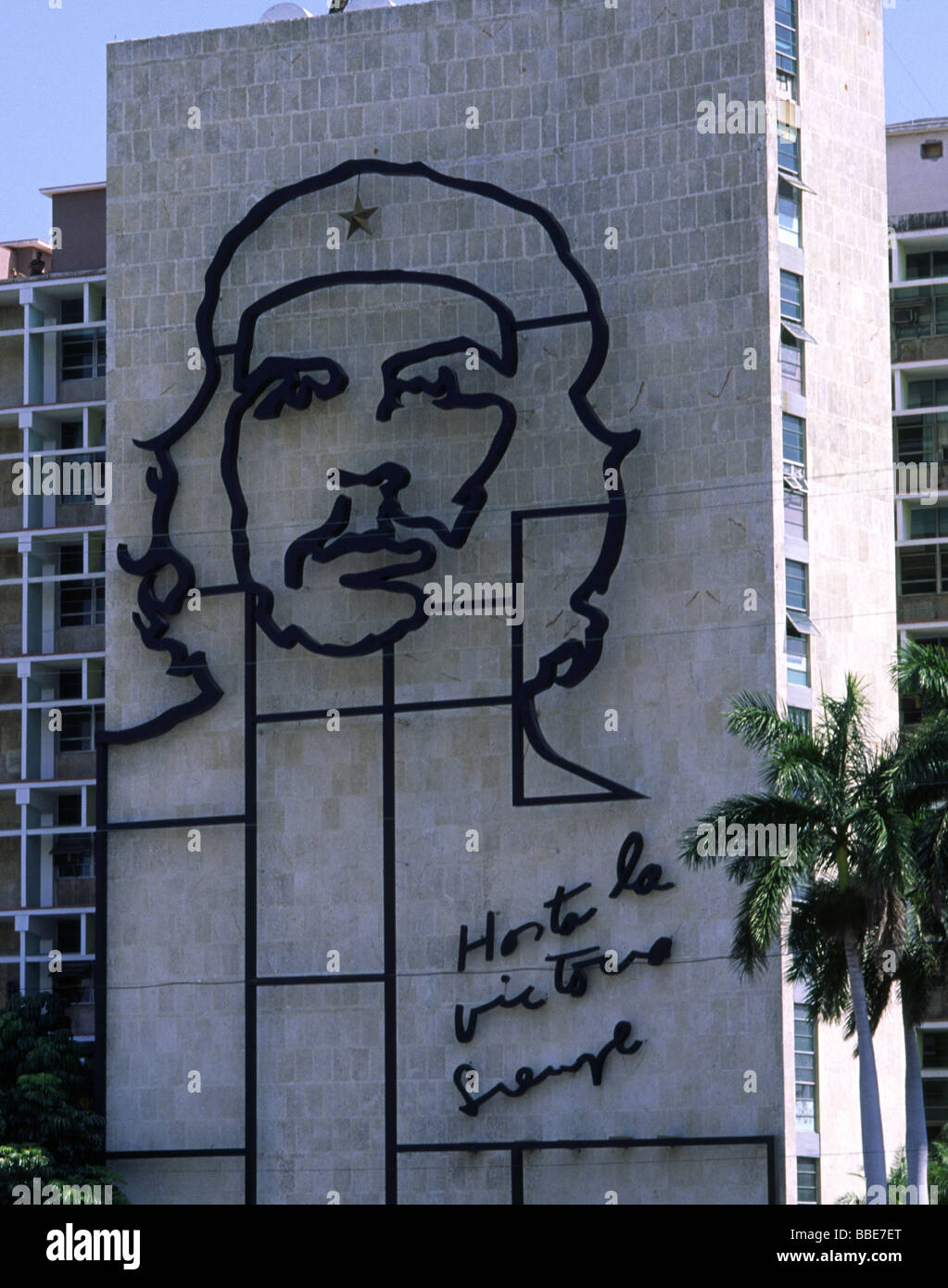 The iconic portrait of the revolutionary Che Guevara on Ministry of Interior building in Revolution Square Havana Cuba Stock Photo
