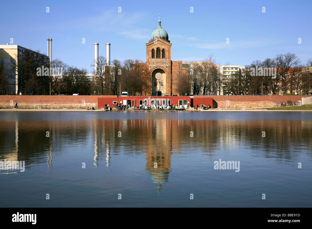 City park Engelbecken with café and St. Michael's Church in Berlin, Germany, Europe Stock Photo