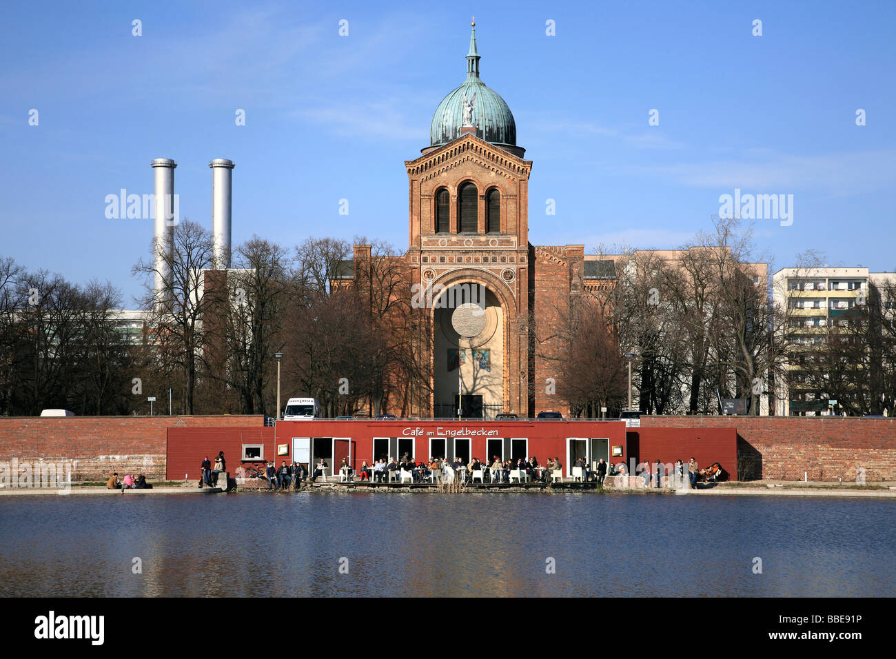 City park Engelbecken with café and St. Michael's Church in Berlin, Germany, Europe Stock Photo