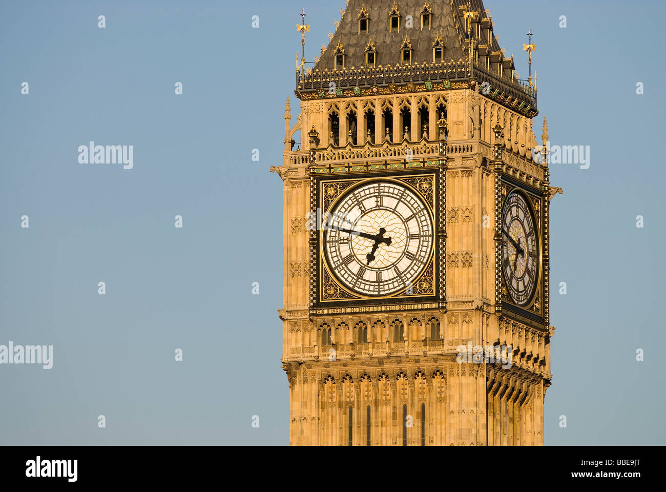 A close up view of the top section of the iconic London landmark Big Ben Stock Photo