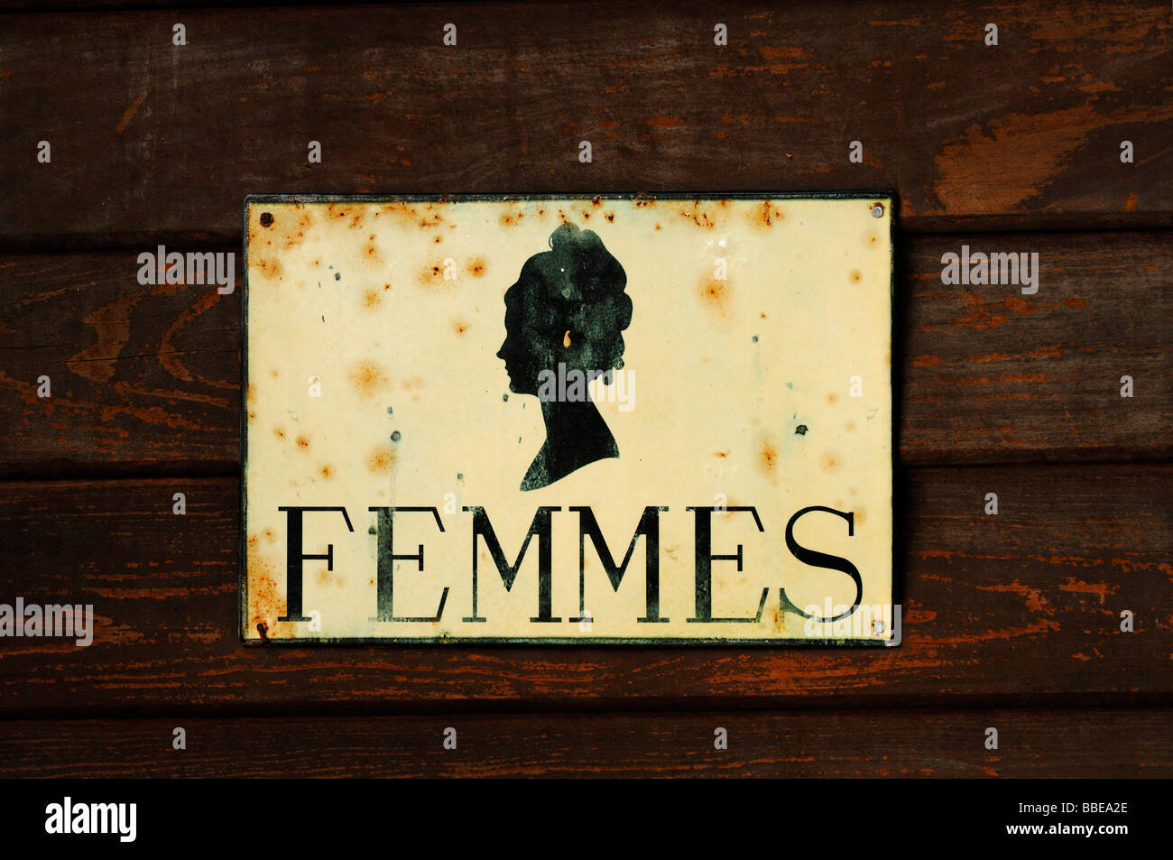 Old French toilet sign 'Femmes', Schoppenwihr, Alsace, France, Europe Stock Photo