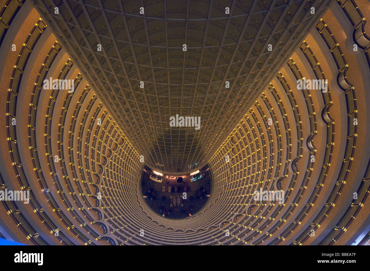 Interior view from top looking down through eighty floors of Grand Hyatt Hotel Jinmao Tower Pudong Shanghai China Stock Photo