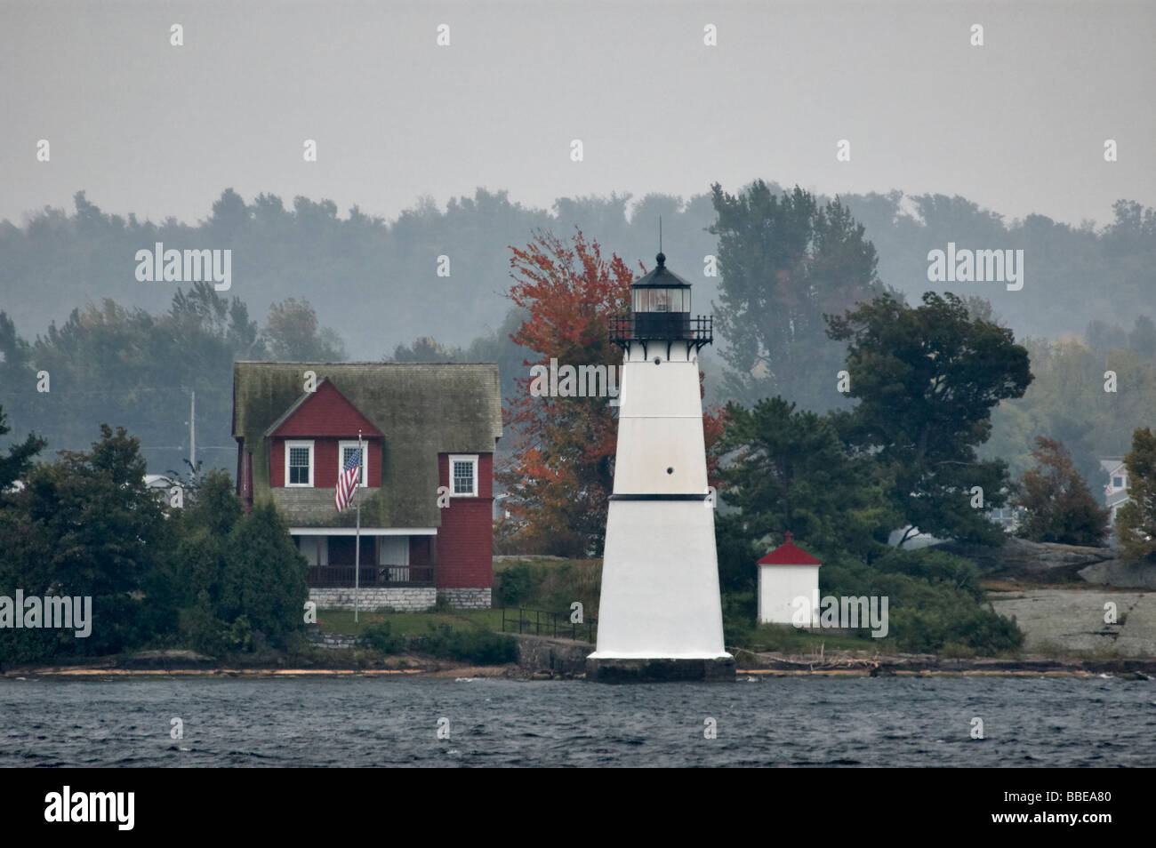 Foggy Rock Island Lighthouse on the St Lawrence River near Thousand Island Park New York Stock Photo